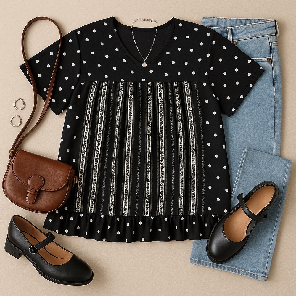 Polka Dot Black Top tunic top size small